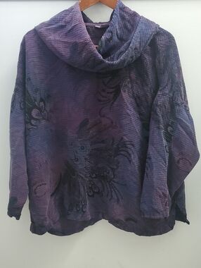 Tianello Waffle Textured Cowl Neck Top Peacock Feather Print Purple Size Large